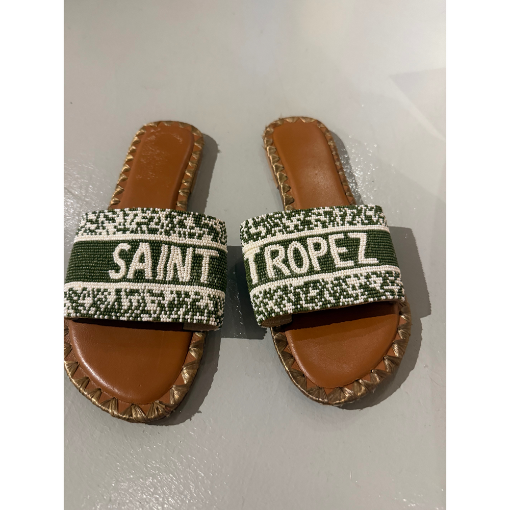 Saint Tropez Sandals in Olive Green Slides Leather & Beads - Picture 2 of 6